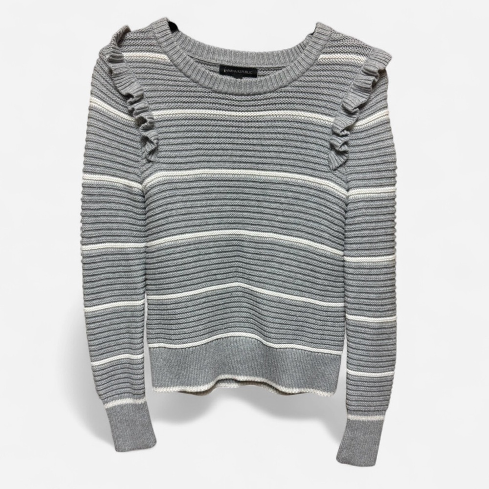 Banana Republic Gray and White Ruffle Knit Sweater